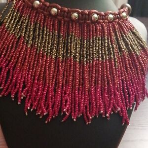 Coro Red and Gold Beaded Fringe Statement Necklace